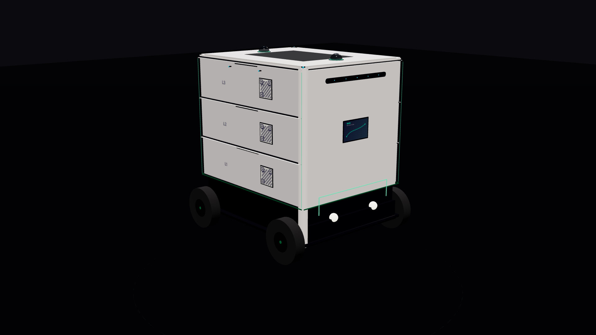 Three-quarter view — compartments and front interface